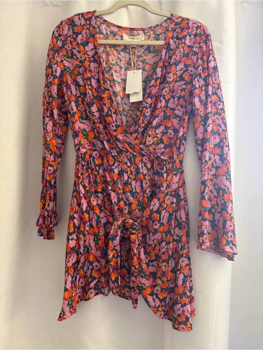 l*space Floral Wrap Mini Dress in Pink and Orange